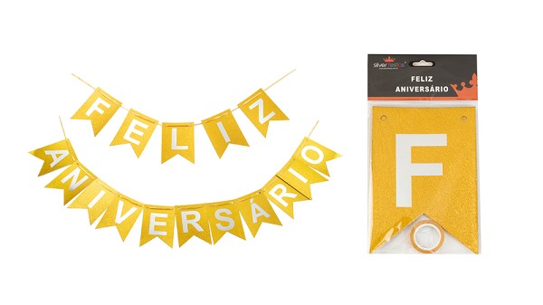faixa bandeirinha feliz aniversÁrio com glitter dourado 12392